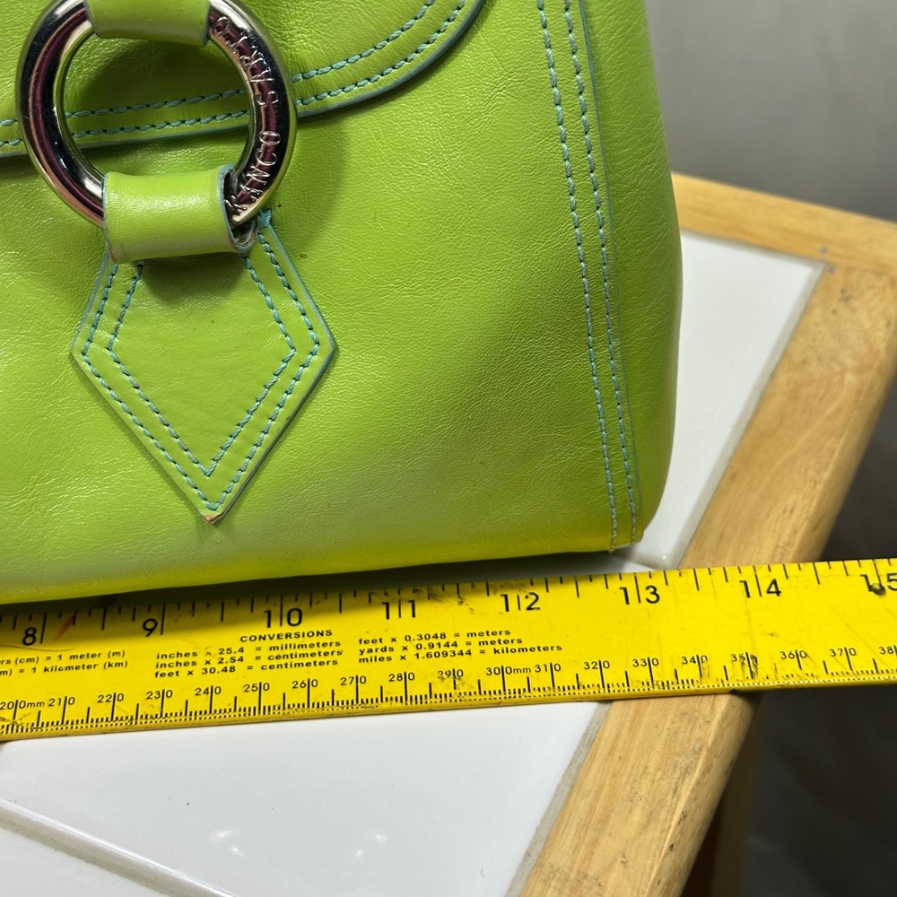 Franco Sarto Satchel Bag Womens Medium Lime Green Leather Blue Trim Excellent - Picture 3 of 8